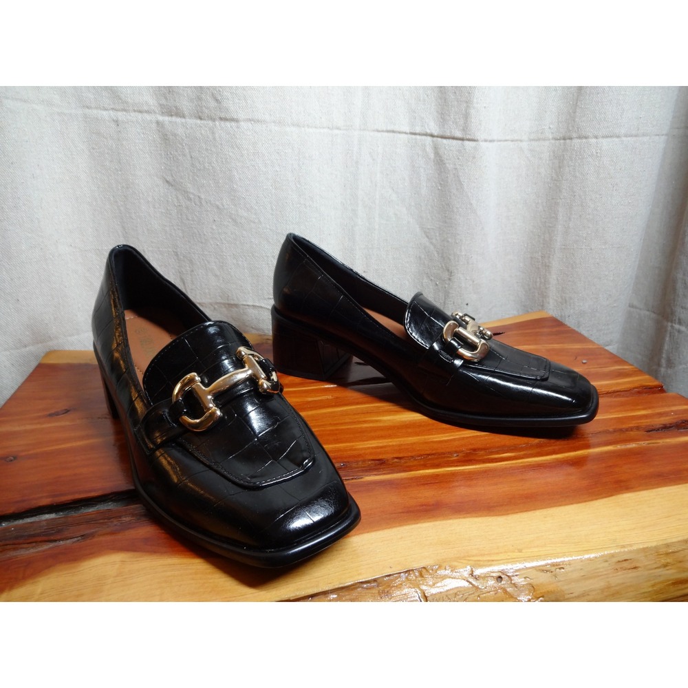 Dream Pairs Loafer Pumps Womens 10 Black Croc Embossed Horsebit Block Heel 3475